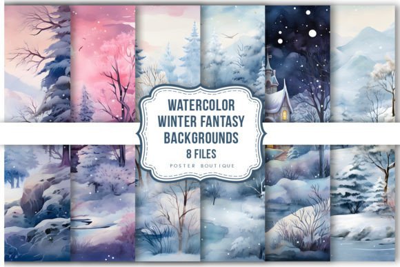 8 Watercolor Winter Fantasy Backgrounds Pack
