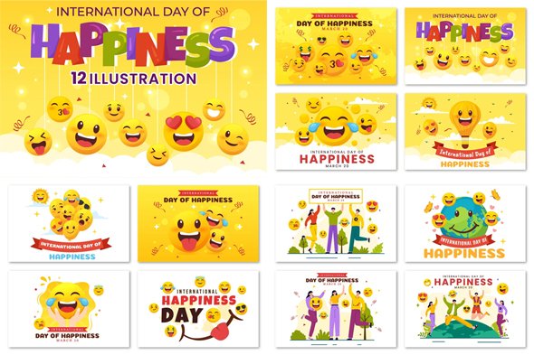 International Day Of Happiness – 12 Illustrations Pack