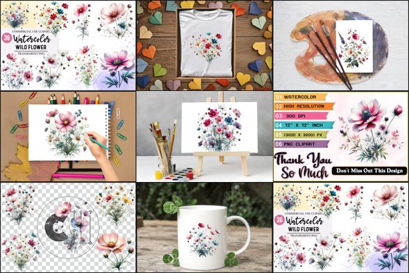 36 Watercolor Wildflowers Clipart Pack