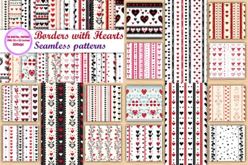20 Seamless Borders With Hearts Patterns Pack